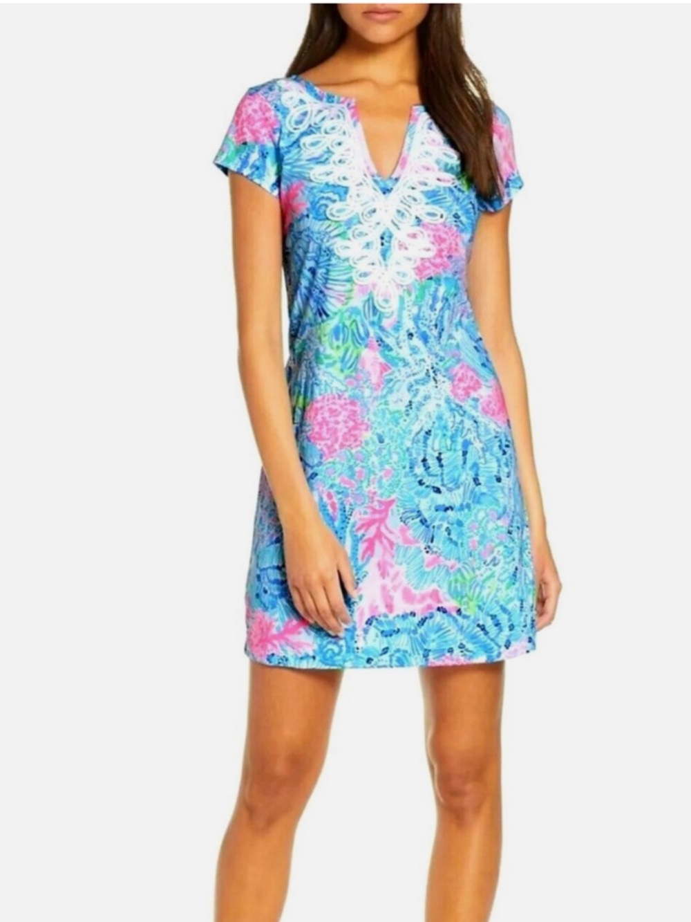 Lilly Pulitzer Brewster Shift Blue Tropical Print Dress with White Lace Trim